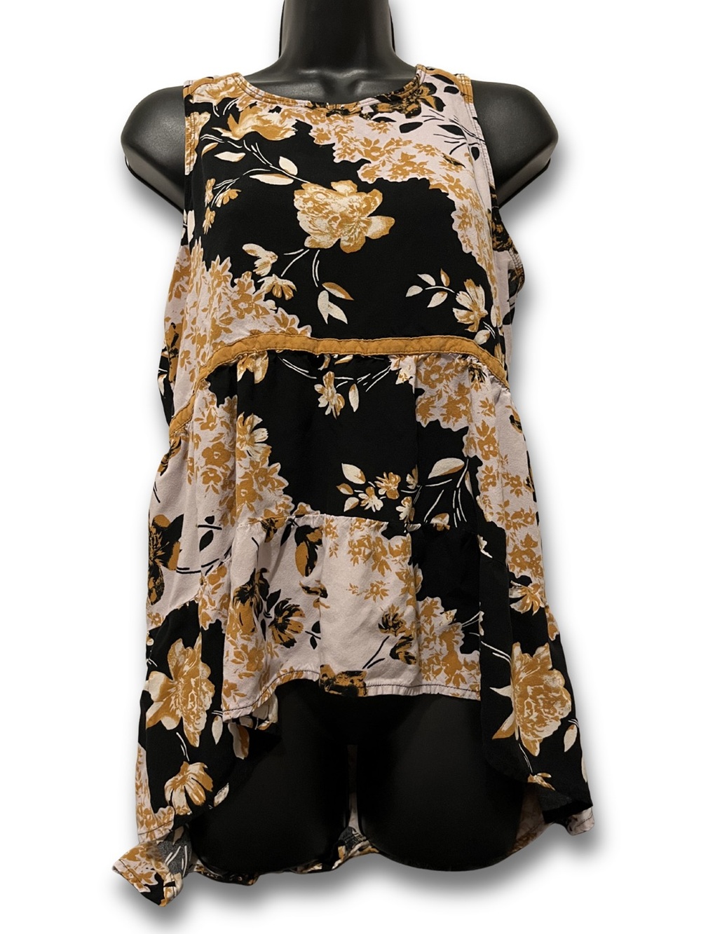 Maurices Black and Mustard Floral Tiered Tank